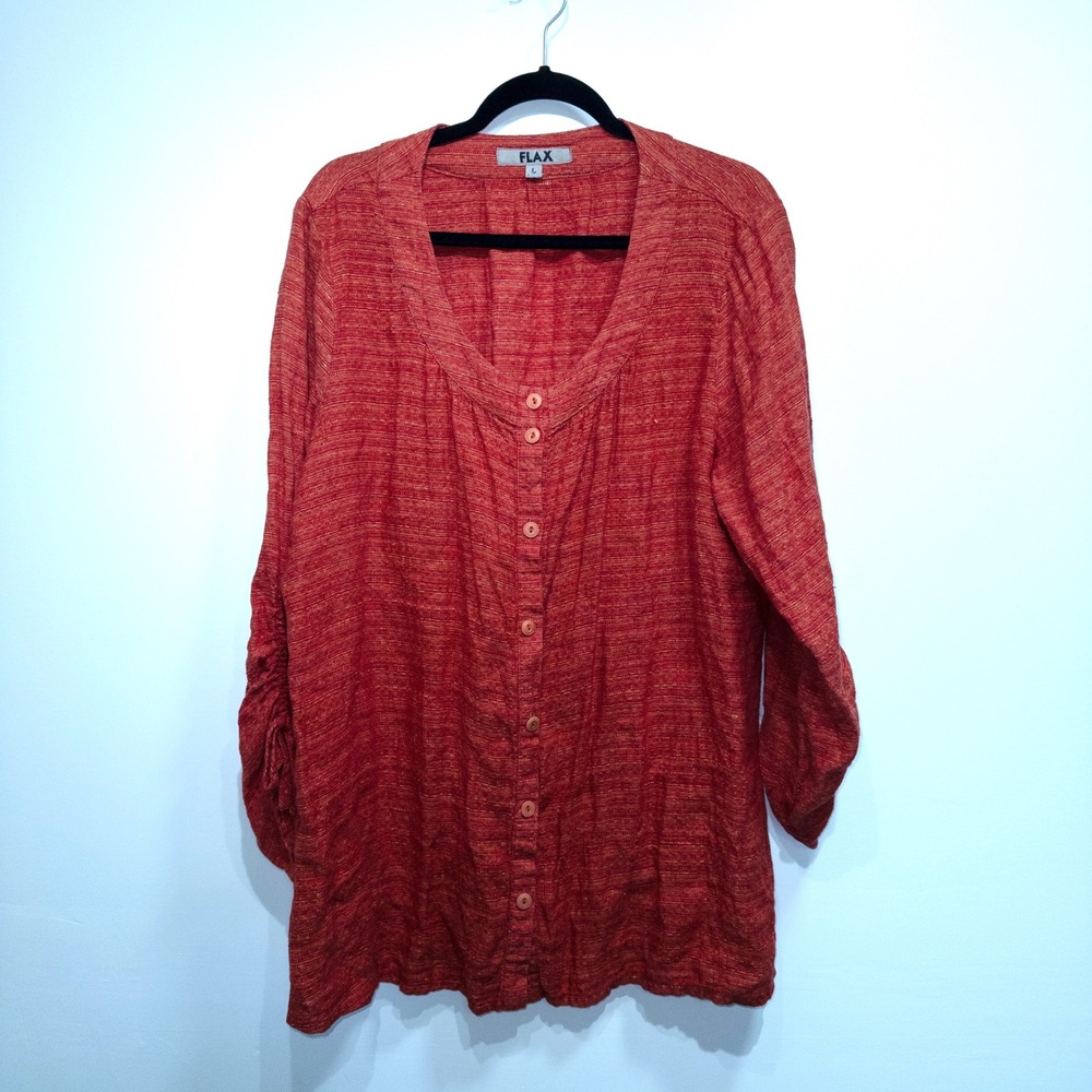 Flax Heathered Red-Orange Linen Button Down Shirt Tunic Large